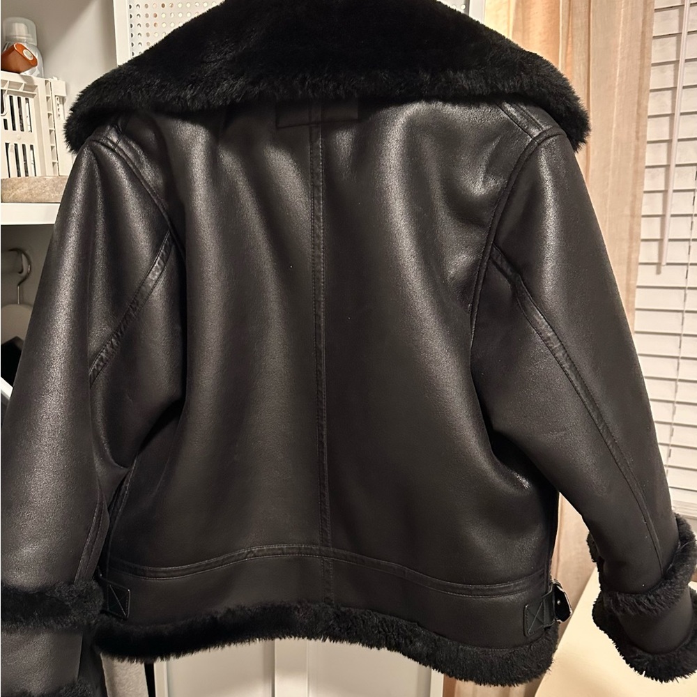 The Kooples Vegan Black Leather Aviator Jacket with Faux Shearling Trim - Picture 2 of 5